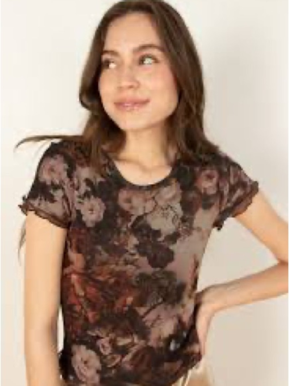 Madden Girl Brown Multi Floral Sheer Short Sleeve Tee